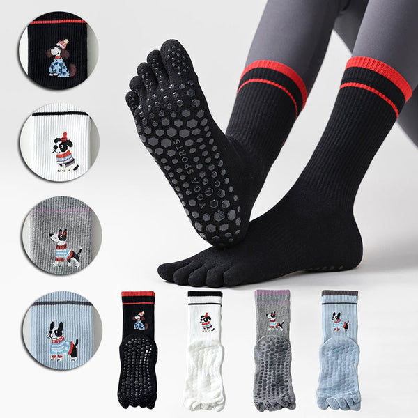 Cute Embroidered Dog Finger Yoga Socks for Women Crew Length Pilates Grip Socks 5 Toe Medias Antideslizantes Chaussette Femme
