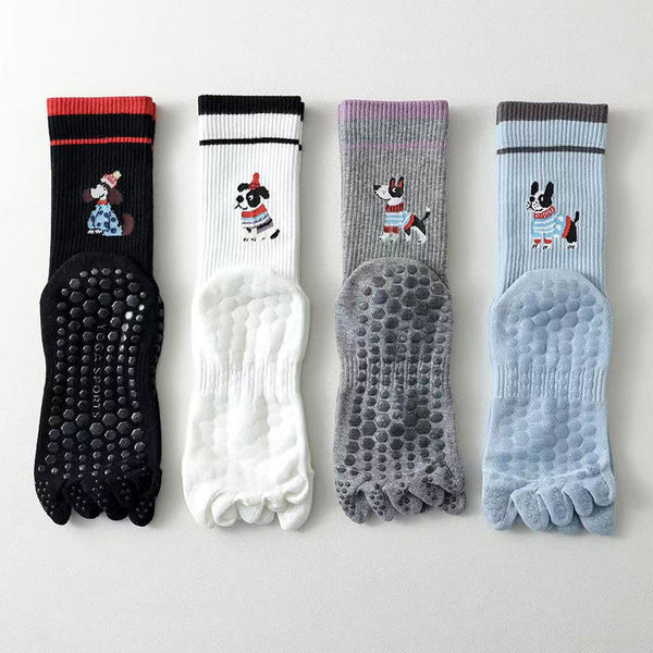 Cute Embroidered Dog Finger Yoga Socks for Women Crew Length Pilates Grip Socks 5 Toe Medias Antideslizantes Chaussette Femme