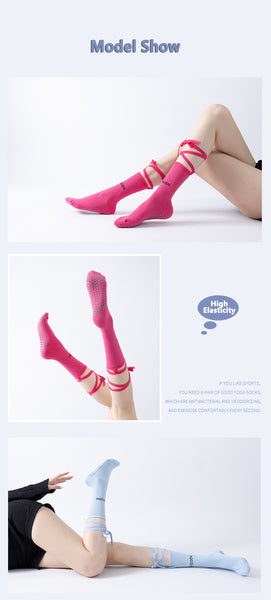 2025 Hot Selling Ins Styles Ladies Medium Tube Yoga Pilates Socks Custom Non-Slip Cotton Grip Knitted Ballet Socks with Straps