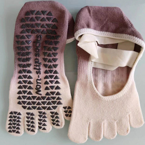 Personalized Gradient Strap Backless Grip Yoga Socks Professional Non-slip Five Toe Pilates Socks for Women