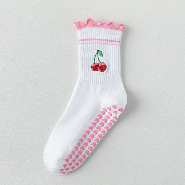 High Quality OEM Elegant Breathable Knitted Cotton Non Slip Ruffle Grippy Socks Packaging Embroidery Custom Frill Pilates Socks