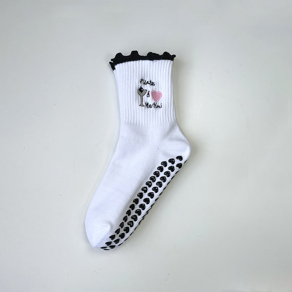 High Quality OEM Elegant Breathable Knitted Cotton Non Slip Ruffle Grippy Socks Packaging Embroidery Custom Frill Pilates Socks