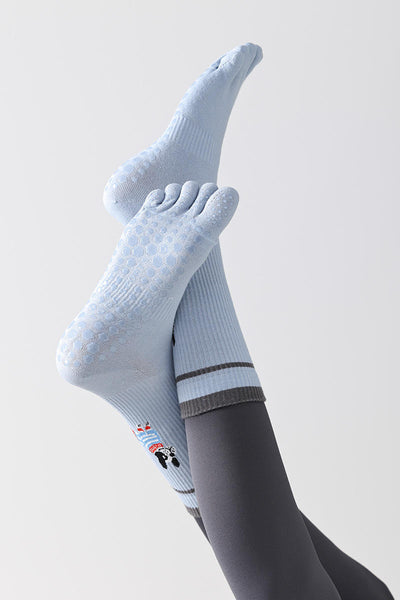 Cute Embroidered Dog Finger Yoga Socks for Women Crew Length Pilates Grip Socks 5 Toe Medias Antideslizantes Chaussette Femme