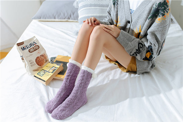 Wholesale Winter Comfy Warm Coral Fleece Sleep Socks Women Fuzzy Fluffy Crew Socks