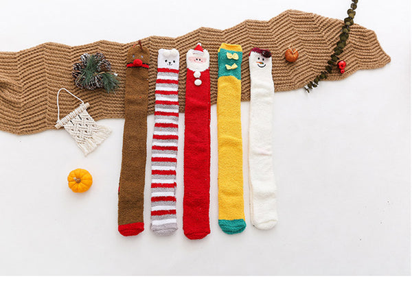 Fuzzy Cozy Fleece Red Santa Claus Design Over Knee Christmas Long Stocking Socks Women Winter