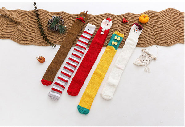 Fuzzy Cozy Fleece Red Santa Claus Design Over Knee Christmas Long Stocking Socks Women Winter