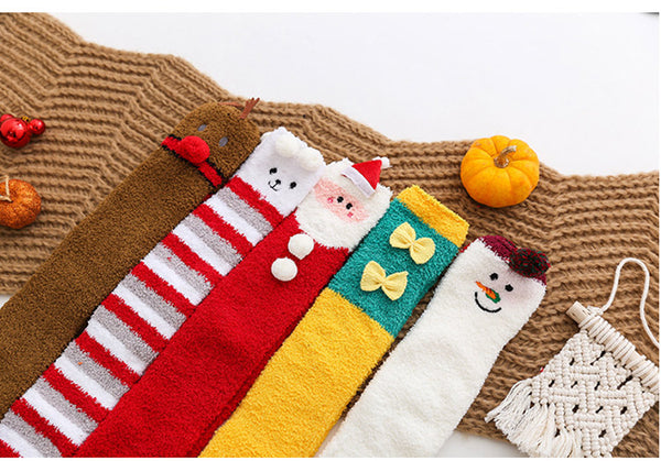 Fuzzy Cozy Fleece Red Santa Claus Design Over Knee Christmas Long Stocking Socks Women Winter