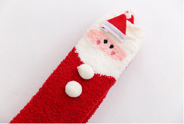 Fuzzy Cozy Fleece Red Santa Claus Design Over Knee Christmas Long Stocking Socks Women Winter
