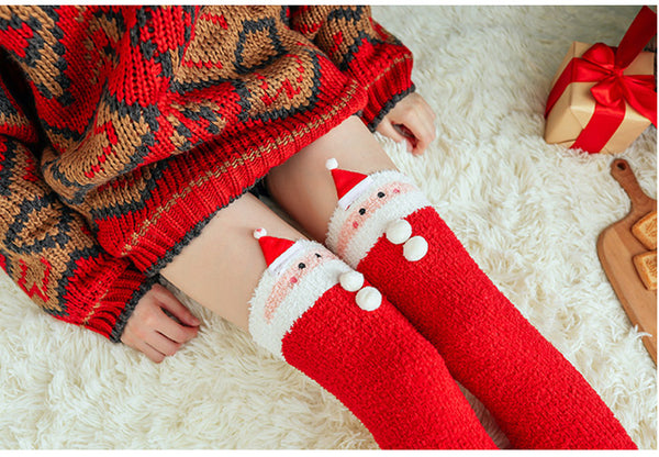 Fuzzy Cozy Fleece Red Santa Claus Design Over Knee Christmas Long Stocking Socks Women Winter