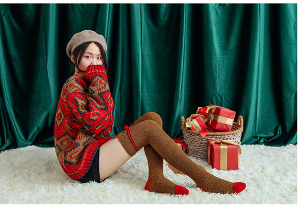 Fuzzy Cozy Fleece Red Santa Claus Design Over Knee Christmas Long Stocking Socks Women Winter