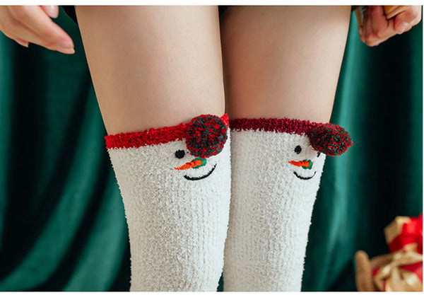 Fuzzy Cozy Fleece Red Santa Claus Design Over Knee Christmas Long Stocking Socks Women Winter