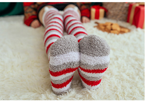 Fuzzy Cozy Fleece Red Santa Claus Design Over Knee Christmas Long Stocking Socks Women Winter