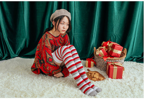 Fuzzy Cozy Fleece Red Santa Claus Design Over Knee Christmas Long Stocking Socks Women Winter