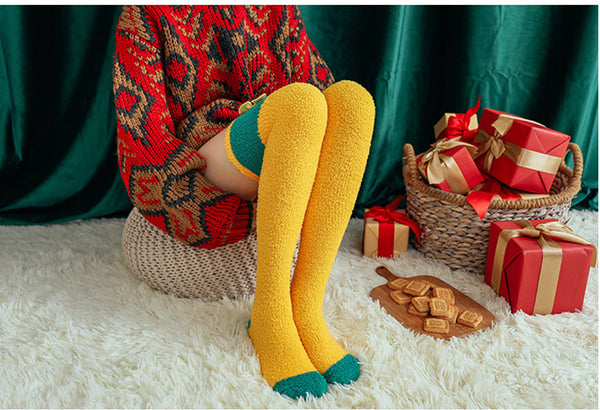 Fuzzy Cozy Fleece Red Santa Claus Design Over Knee Christmas Long Stocking Socks Women Winter