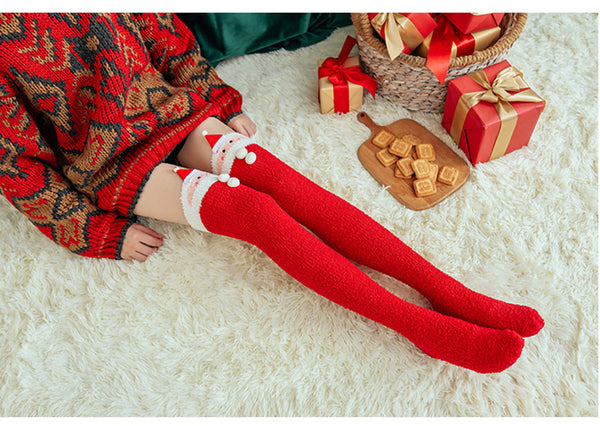 Fuzzy Cozy Fleece Red Santa Claus Design Over Knee Christmas Long Stocking Socks Women Winter