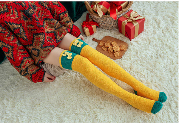 Fuzzy Cozy Fleece Red Santa Claus Design Over Knee Christmas Long Stocking Socks Women Winter