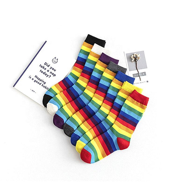 Japanese Korean new style middle stockings full cotton fashionable colorful school striped rainbow socks