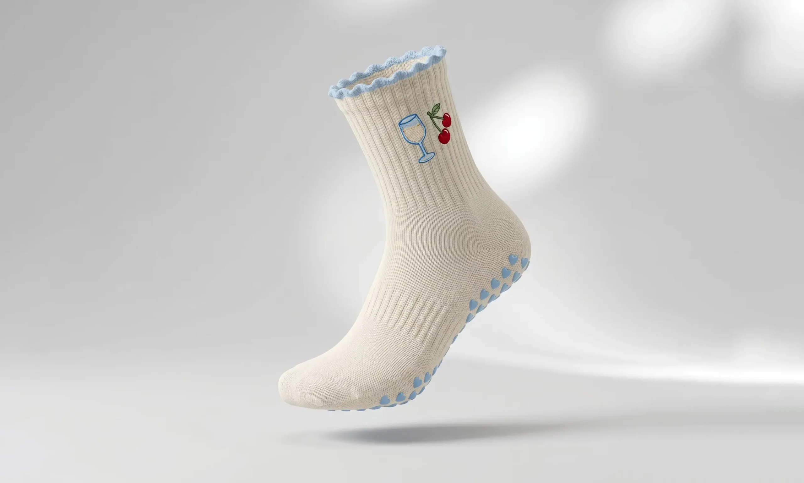 Cherry Embroidered Pilates Grip Socks