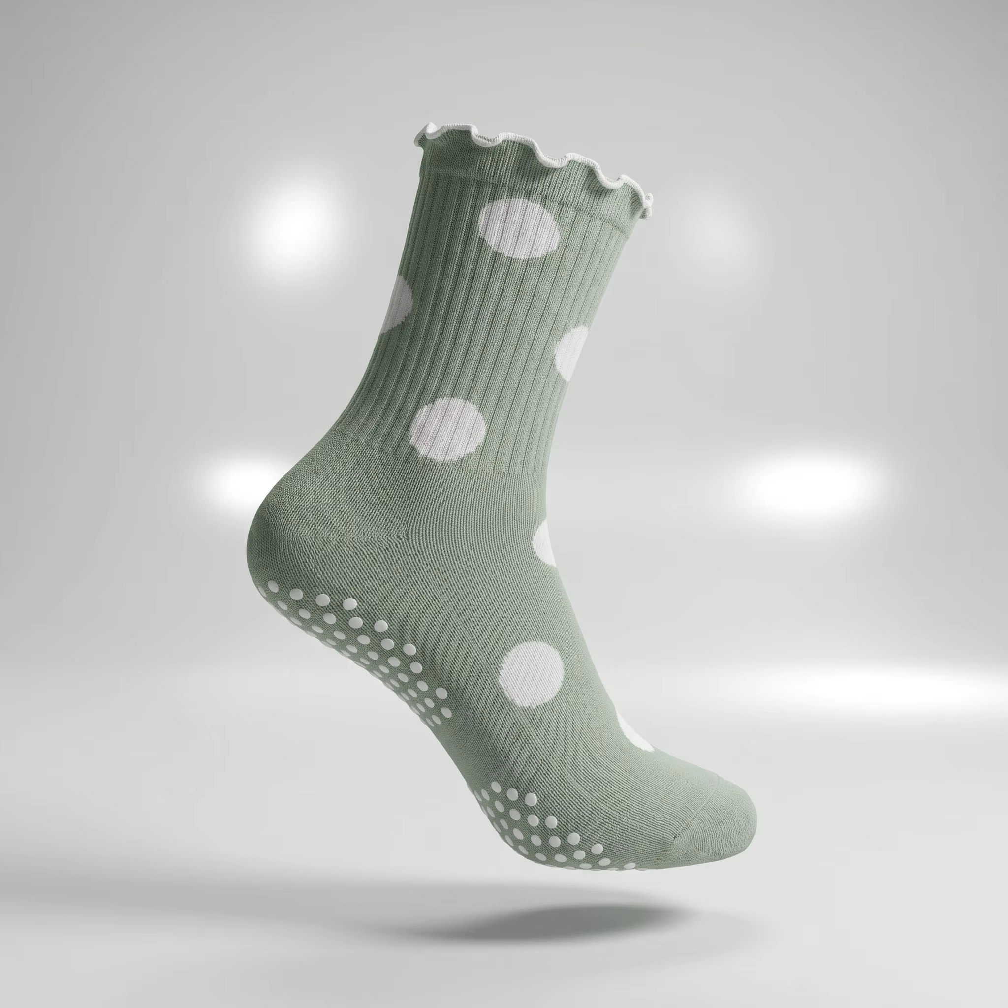 Custom Non Slip Pilates Grip Socks with Polka Dot Frill Cuff OEM ODM